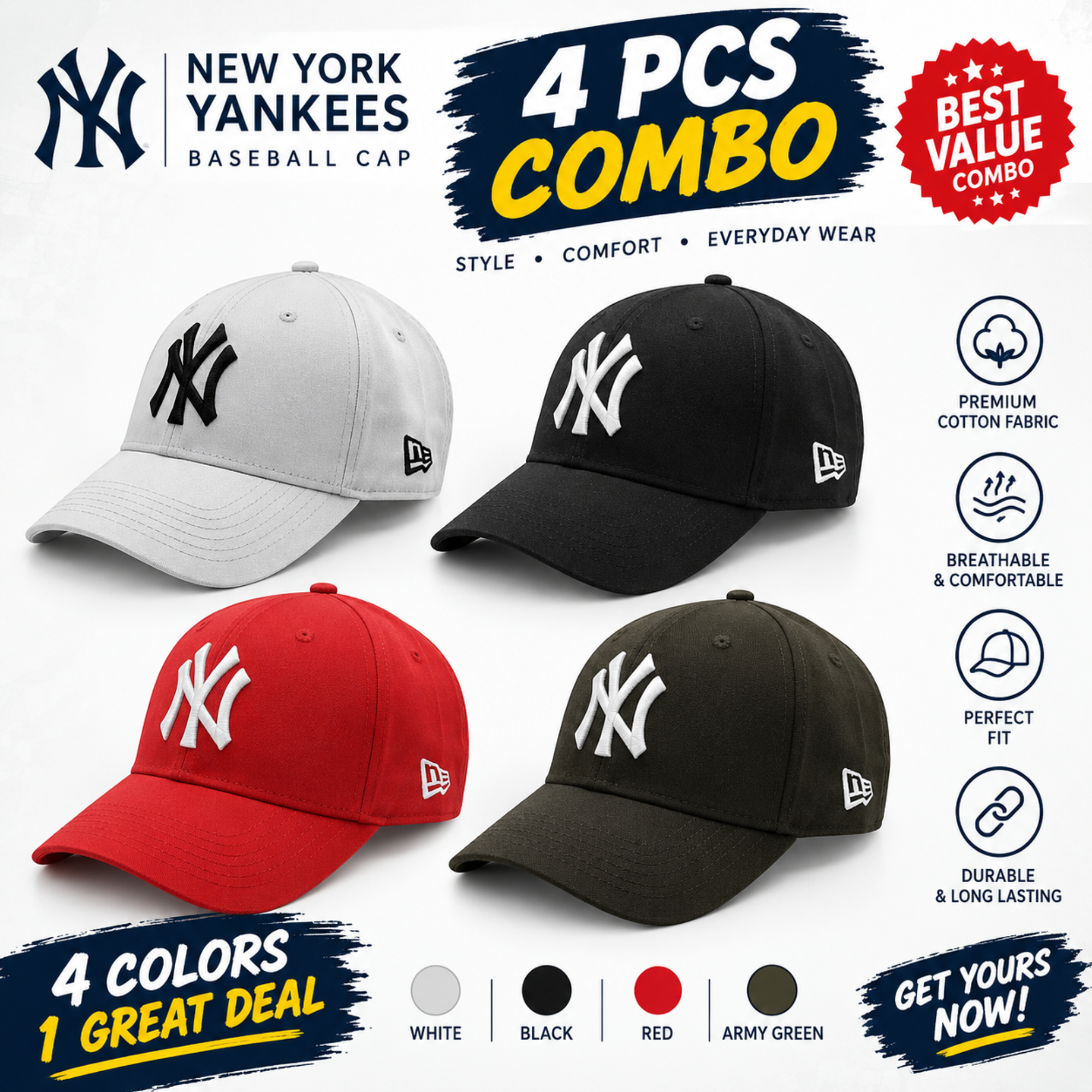 4 PCS Premium Cap Combo Set for Men | Stylish Cotton Baseball Caps